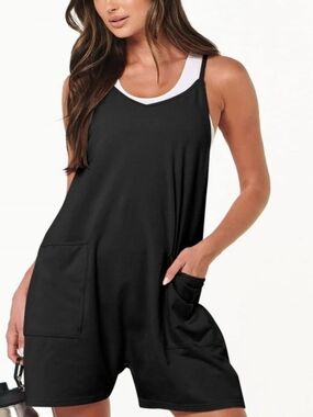 Anrabess Sz M Romper Jumpsuit with Scoop Neck Casual Black Sleveeless
